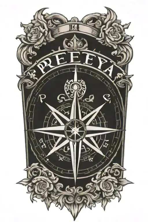 A Traditional Style Tattoo Of A Compass Rose Text 'Preeya'