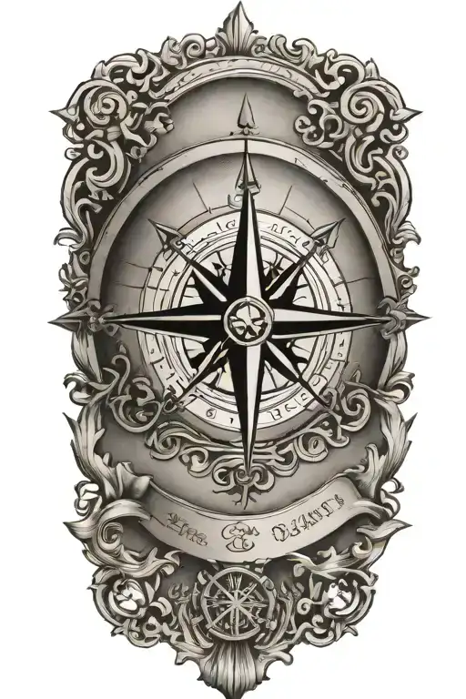 A Traditional Style Tattoo Of A Compass Rose Text 'Preeya'