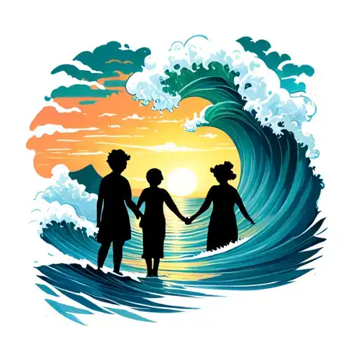 Ocean Waves With Sunset And Clouds With Silhouette Of Grandmother Holding Hands With Boy For Sleeve