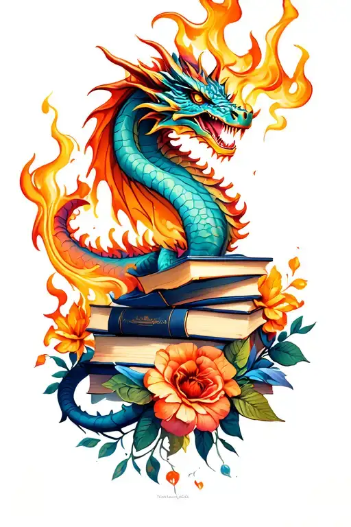Fire Breathing Dragon With Books And Flowers By Florals