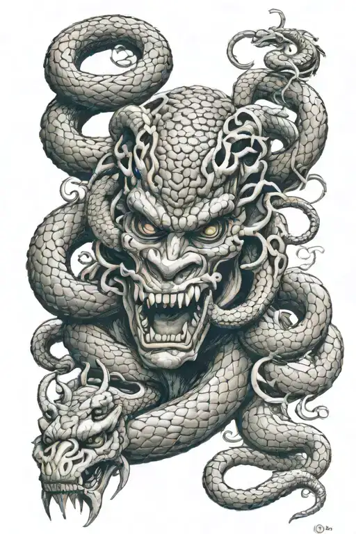 A Snake Climbs From The Wrist To The Shoulder And Passes Through Medusa And Oni Mask