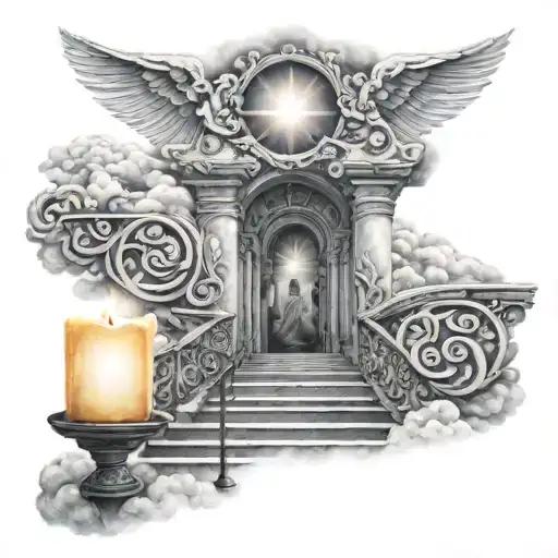 Crying Eye Candles Lit Up On The Stairs To Heaven Heaven Gate Clouds Welcoming Angels