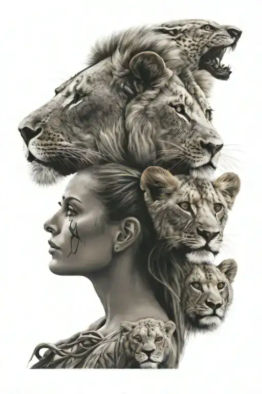 Womens Face With Lion Mask 3 Lion Cubs