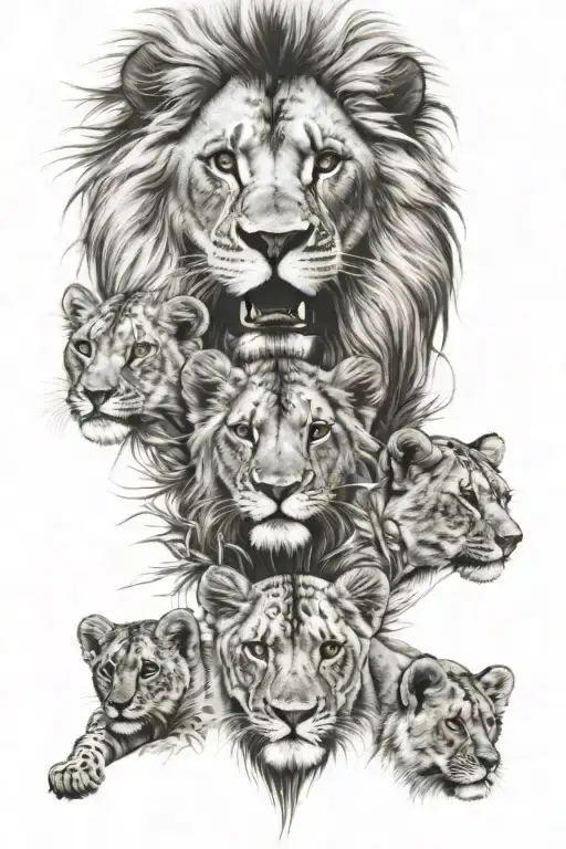 Womens Face Behind Lions And 3 Lion Cubs