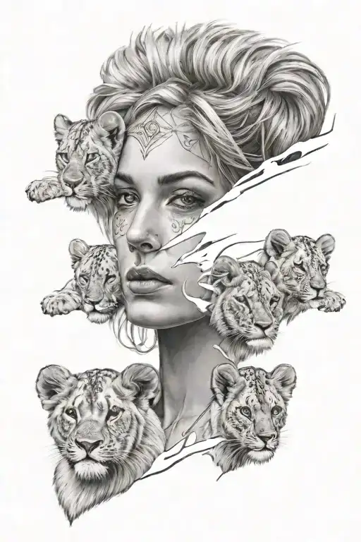 Womens Face Wearing Lion Mask And 3 Lion Cubs