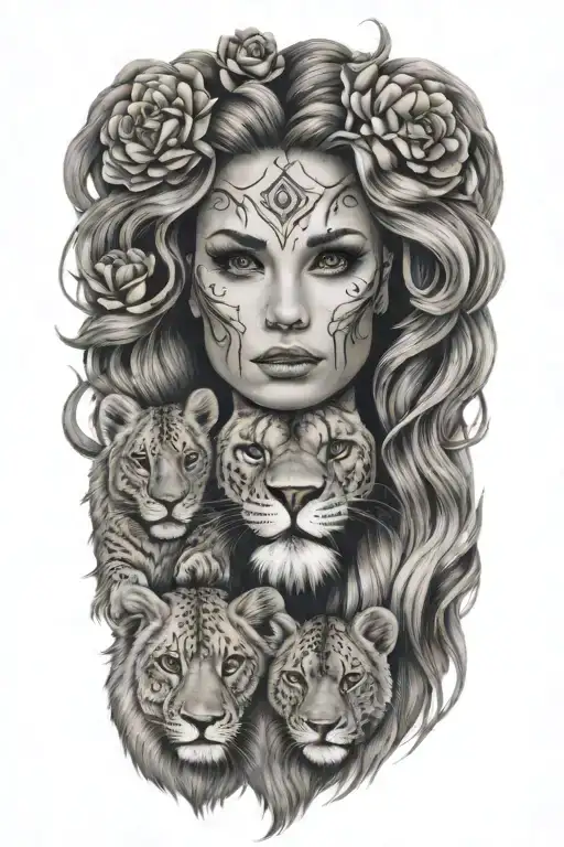 Independent Women With Lion Mask And 3 Lion Cubs
