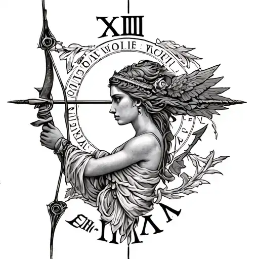 Small Artemis Tattoo With Bow And Arrow And A Roman Numeral One Underneath