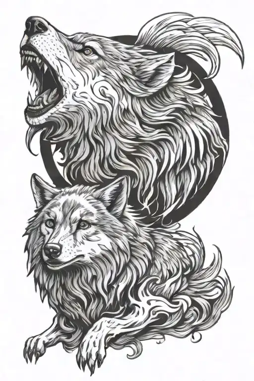 Grey Wolf Howling With A Pheonix Flying Behind The Wolf