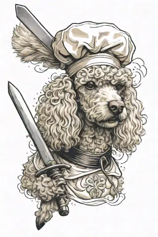 A Realistic Portrait Of A Beige Poodle Wearing A Japanese Chef Hat And Holding A Greatsword