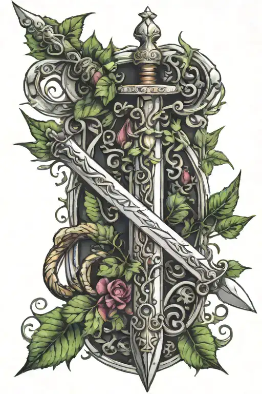 Upside Down Sword With Libra Scale Balanced And Vine With Leaves Wrapping Around Sword