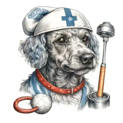A Realistic Portrait Of A Beige Miniature Poodle Wearing A Japanese Chef Bandana And A Blue Collar