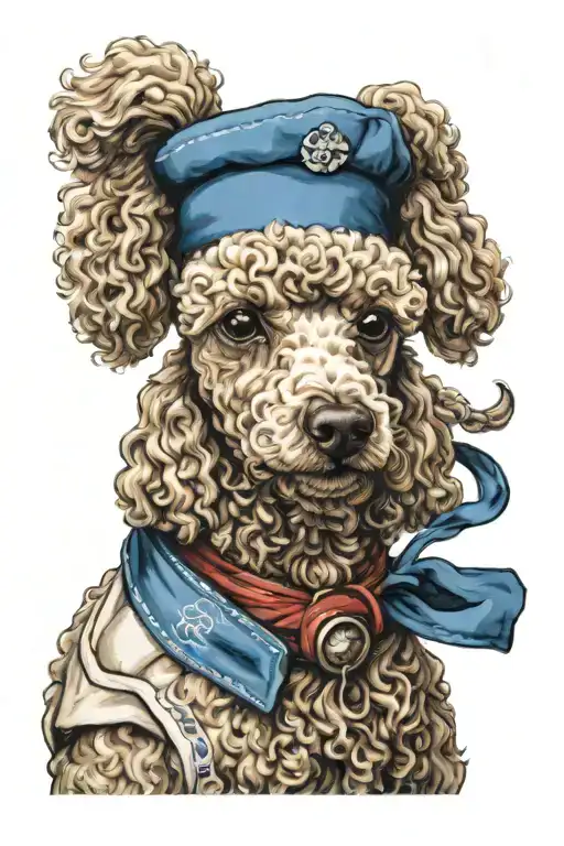 A Realistic Portrait Of A Beige Miniature Poodle Wearing A Japanese Chef Band And A Blue Collar
