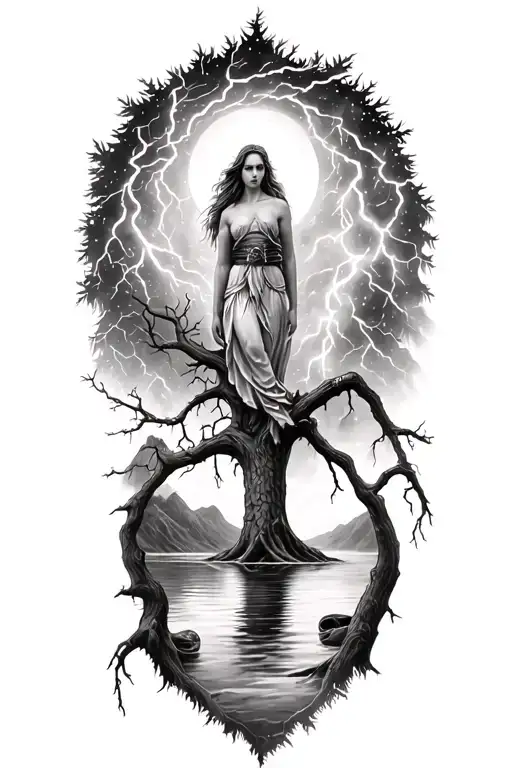 Freya Goddes Growing In Tree And Lightining Storm And Belt And Nature Fjord