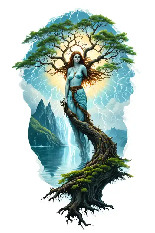 Goddes Growing In Tree And Lightining Storm And Belt And Nature Fjord