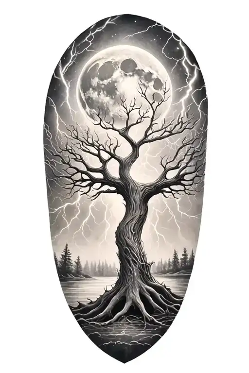 Ygdrasil And Lightining Storm And Moon And Nature