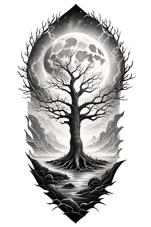 Ygdrasil And Lightining Storm And Moon And Nature