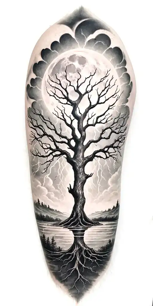 Ygdrasil And Lightining Storm And Moon And Nature