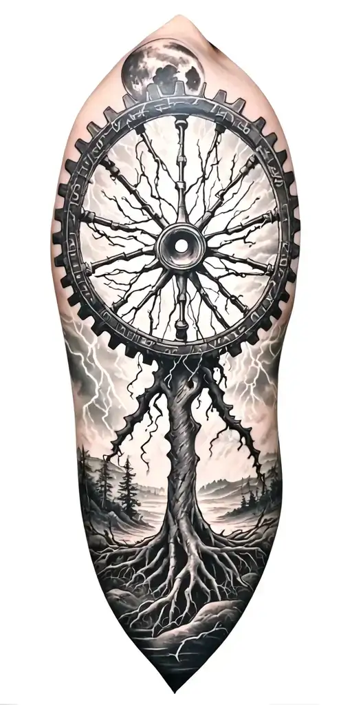 Ygdrasil And Lightining Storm And Moon And Nature And Gear Wheel