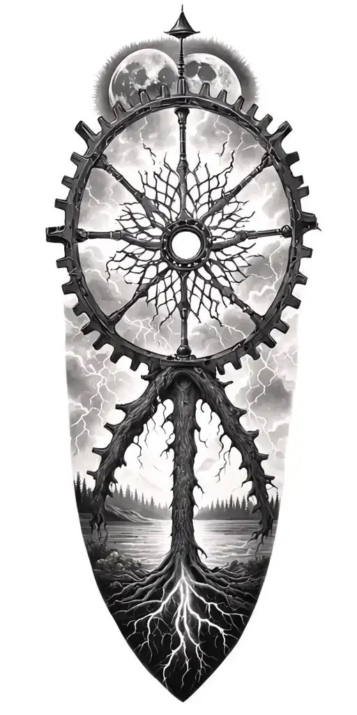 Ygdrasil And Lightining Storm And Moon And Nature And Gear Wheel