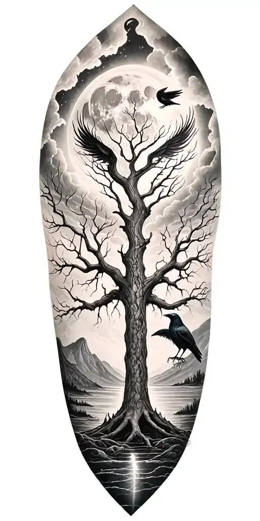 Ygdrasil And Lightining Storm And Moon And Nature And Raven