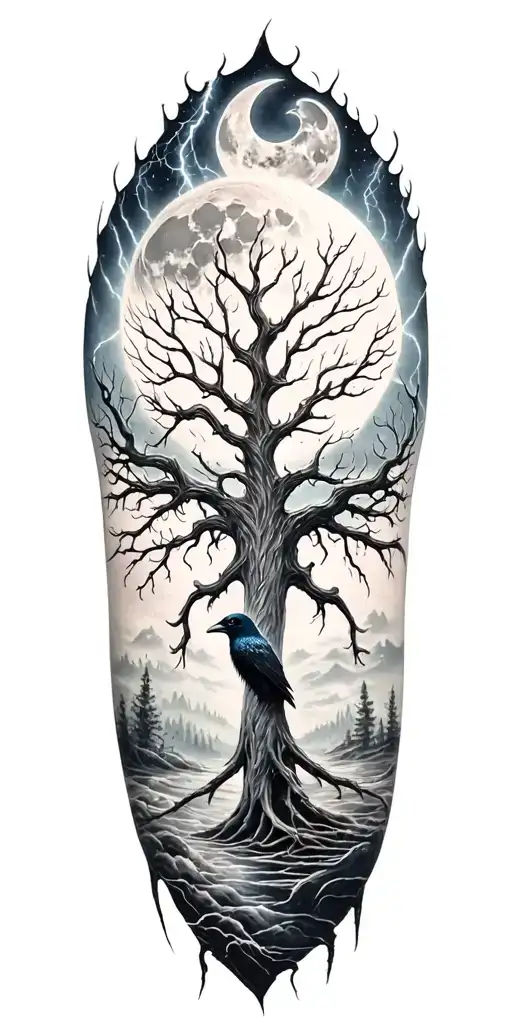 Ygdrasil And Lightining Storm And Moon And Nature And Raven