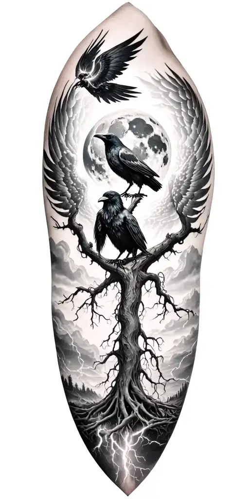 Ygdrasil And Lightining Storm And Moon And Nature And Raven Wings