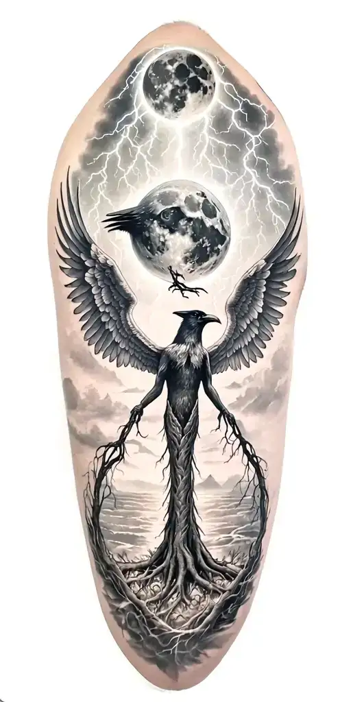 Ygdrasil And Lightining Storm And Moon And Nature And Raven Wings
