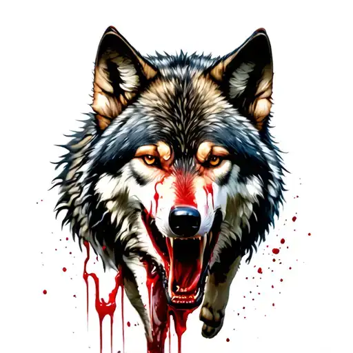 The Wolf Walking On The Road Has Blood In His Mouth