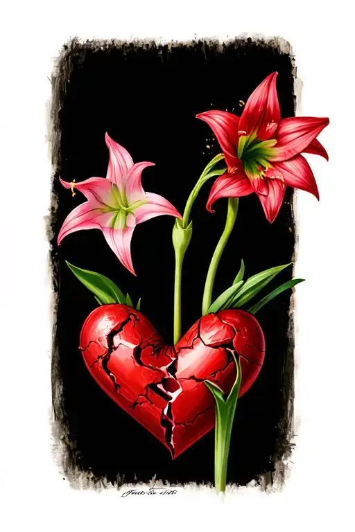 Broken Heart With A Small Amaryllis Flower Blooming Out Of It