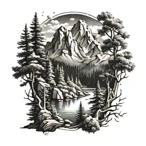 A Majestic Mountain Range With Hidden Woodland Creatures Peeking Out From Behind The Trees