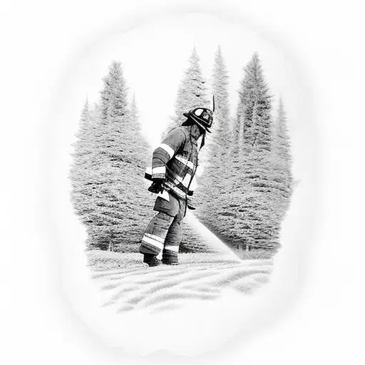 Black And White Half Sleeve With Treeline And A Fireman Putting Out A Big Fire