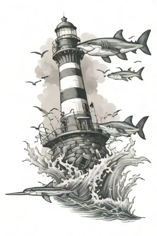 Lighthouse With Sharks In The Water And Cannons On The Shoreline