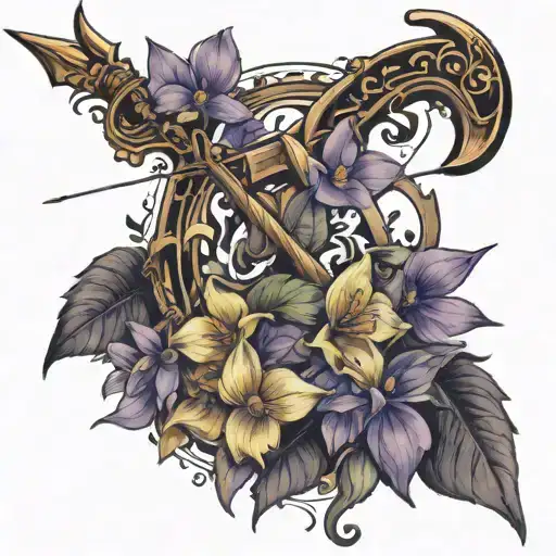 A Bow And Arrow Design With Kaiden's Name In The Middle Surrounded By Violets And Daffodils