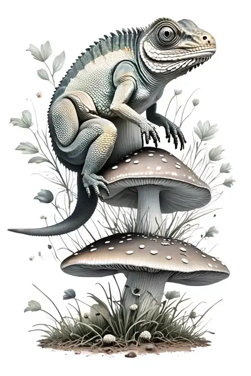 3D Chameleon Sitting On Mushroom Field