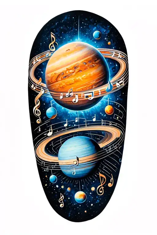 A Geometric Design Incorporating Elements Of Engineering And Music Notes In A Solar System