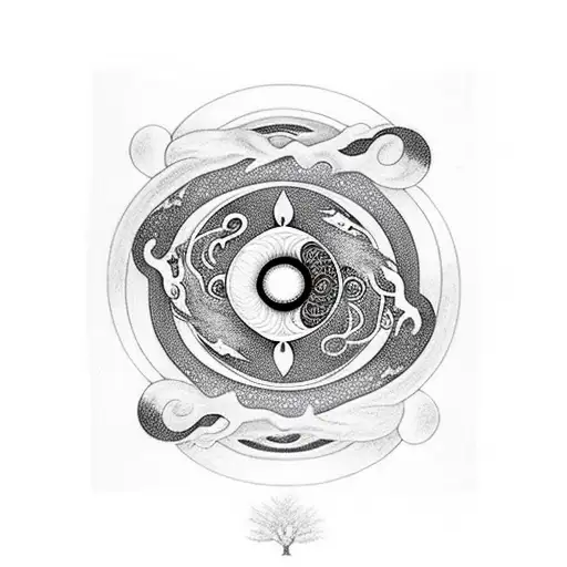 Yin Yang With Oak Tree In White Side And Whale In Bck Side