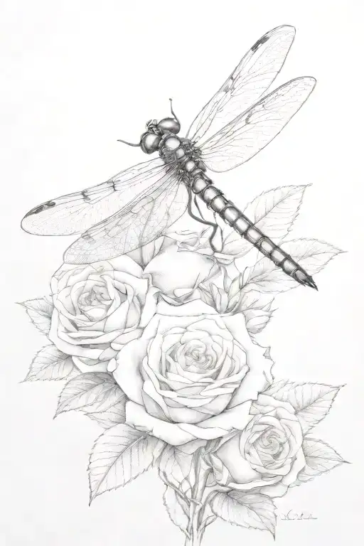 Dragonfly On Rose Growing