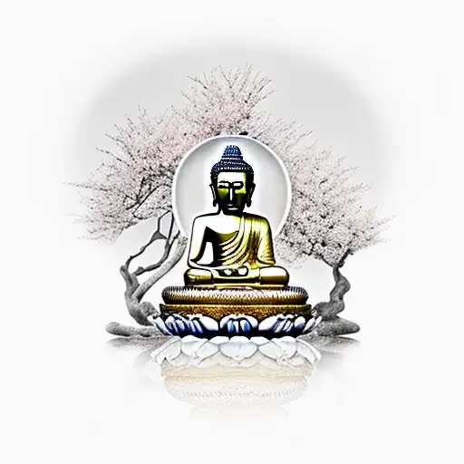 Buddha In Front Of Temple And Sakura Trees