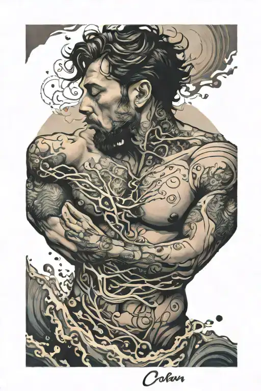 Posedion With Lines And Dots Around Him With A Quote About The Ocean