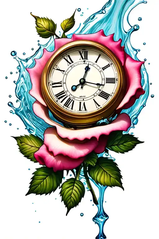 Rose With Clock Face With Water Flowing Around It