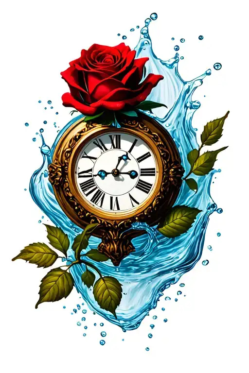 Rose With Clock Face With Water Flowing Around It
