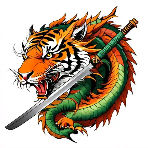 Dragon With Katana And Former Tiger With Katana