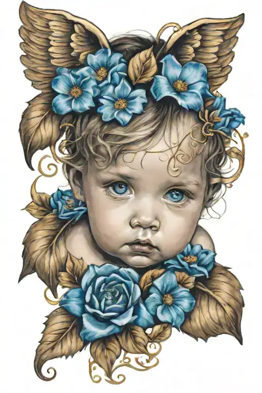 The Face Of A Baby Angel With Gold And Blue Flowers