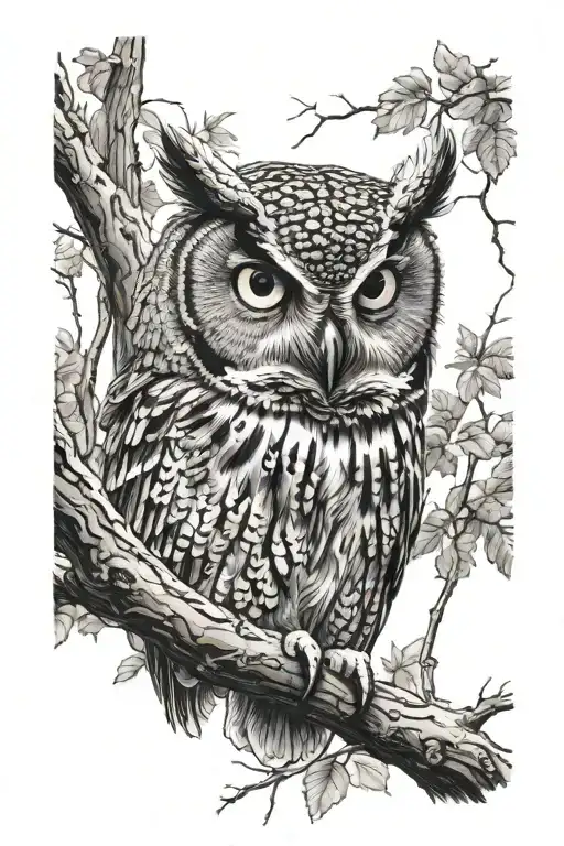 Screech Owl Surrounded By Trees Background Looking
