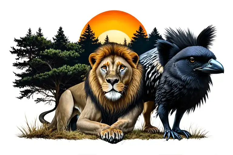 A Lion A Hyena A Crow The Sun And Trees