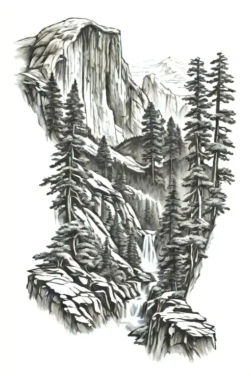 Half Dome Along John Muir Trail With Waterfall And Trail Through Forest
