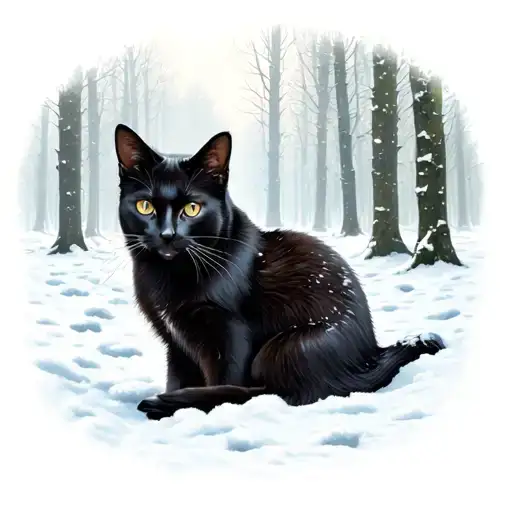Black Cat Sitting In A Snowy Forest