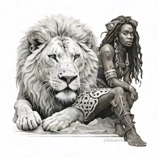 A Black Warrior Woman Sitting On Top Of A White Lion