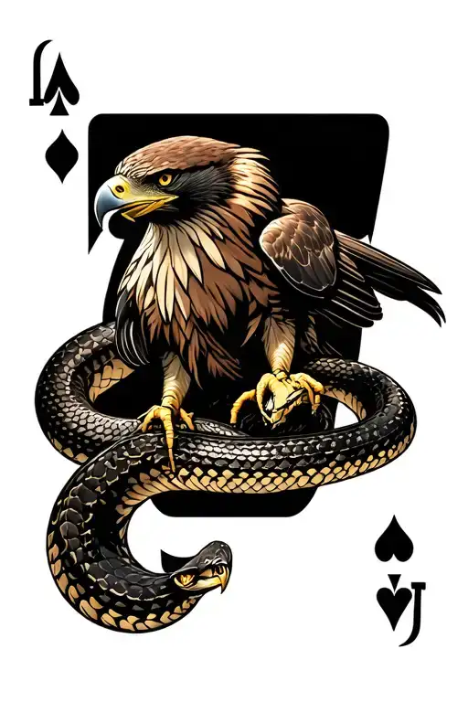 Hawk Fighting With A Snake Within A Ace Of Spades
