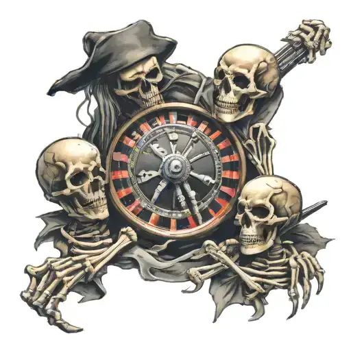 Angry Skeletons With Knives Crawling Over A Broken Roulette Wheel